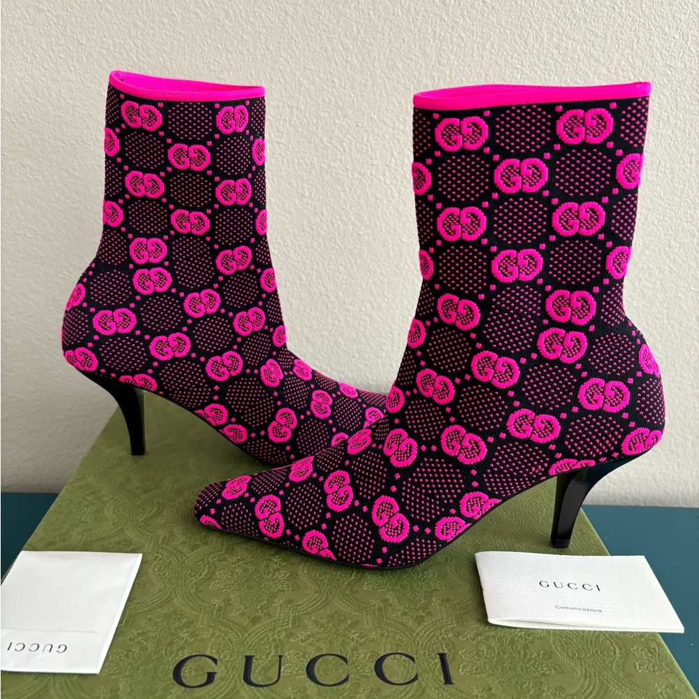 Gucci GG Knit Ankle Boots Black/Pink